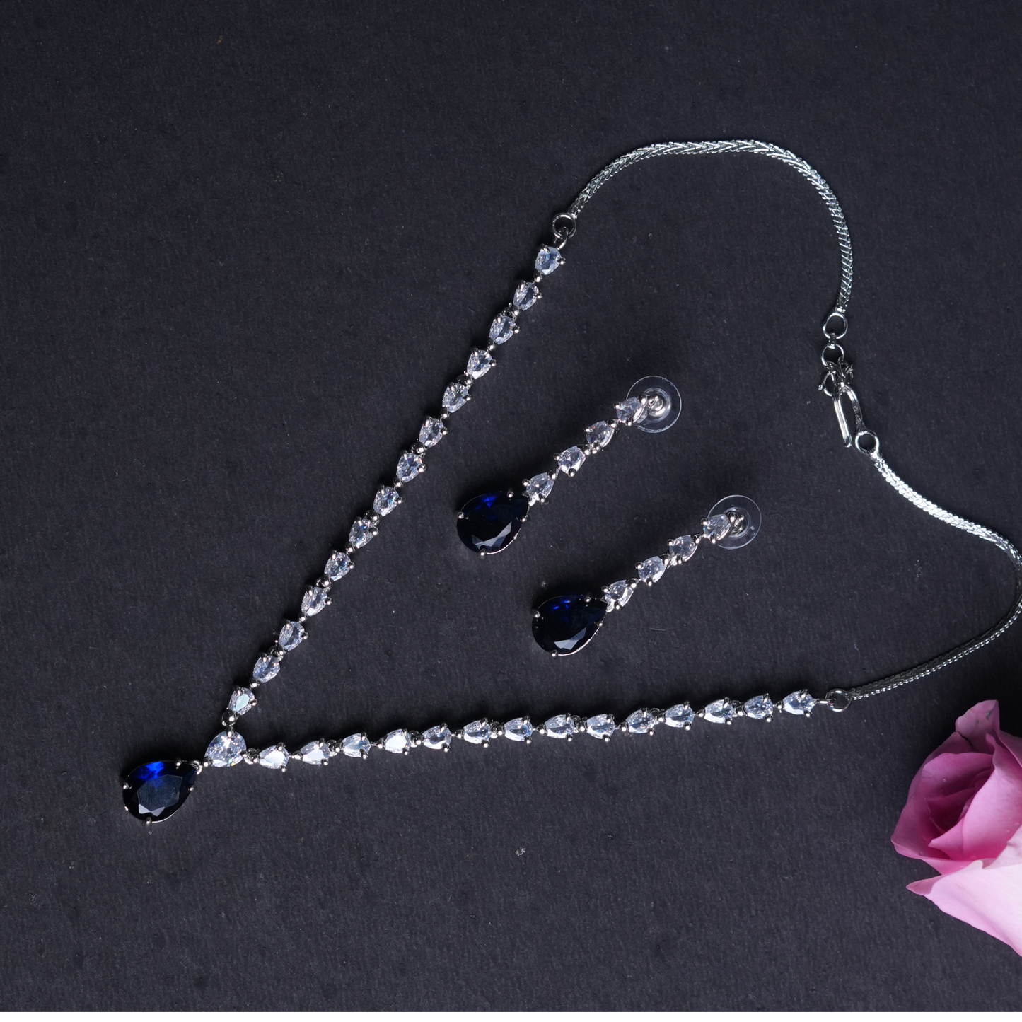 Stunning American Diamond Necklace & Earrings Set with Dark Blue & White Stones