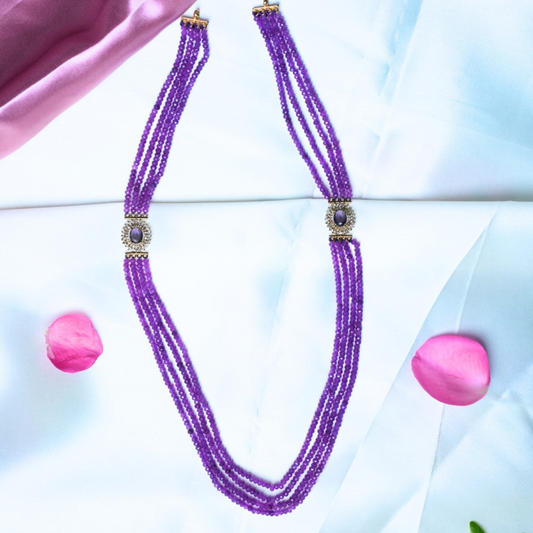 Stunning 4-Line Purple Bead Necklace with Side Brooch Detail – Timeless Charm