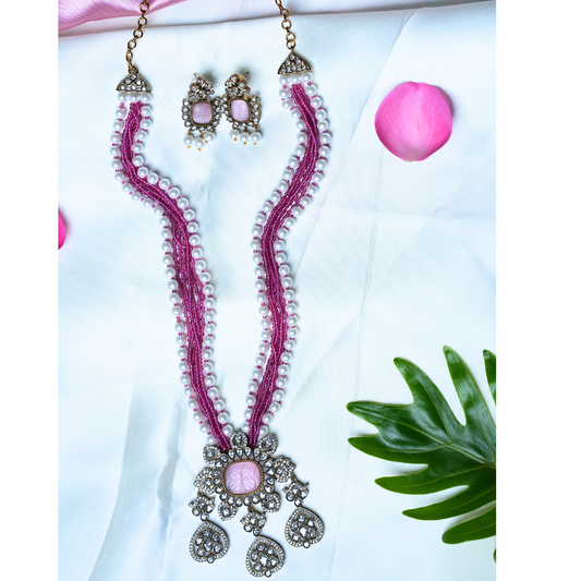 Radiant White Pearls and Pink Beads Haram with Moissanite Stone Centerpiece with Earrings