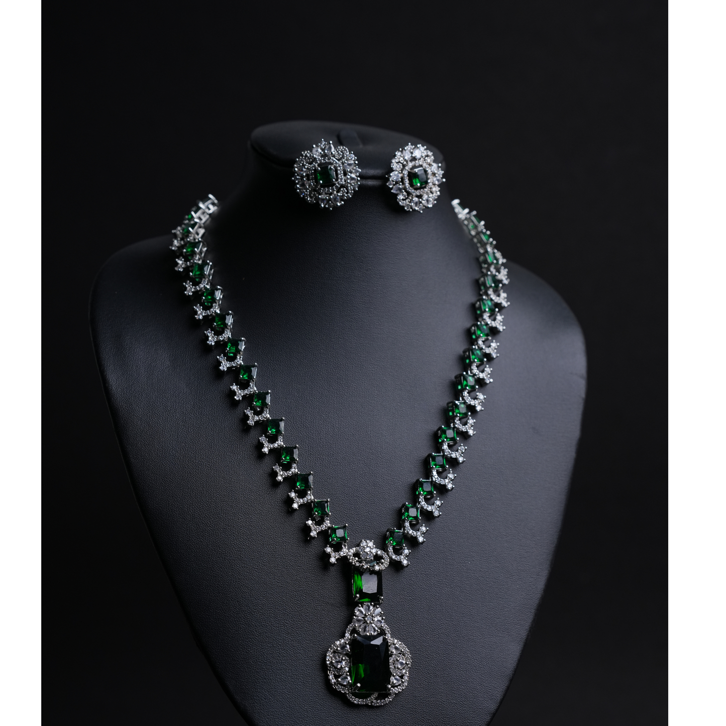 Neetha Ambani-Inspired Long American Diamond Necklace & Earrings Set with Green & White Stones
