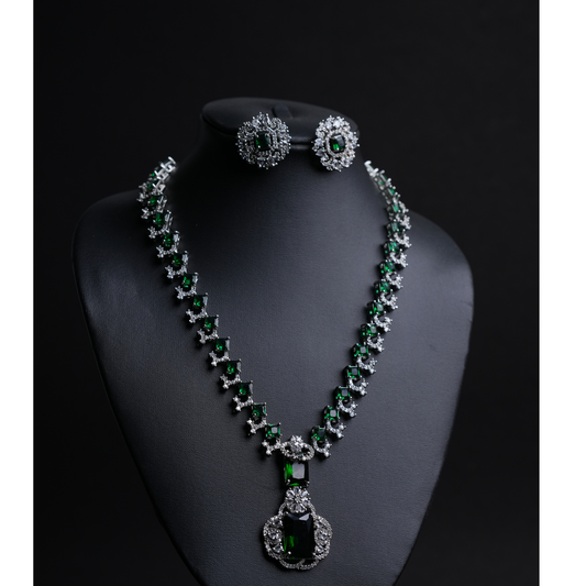 Neetha Ambani-Inspired Long American Diamond Necklace & Earrings Set with Green & White Stones