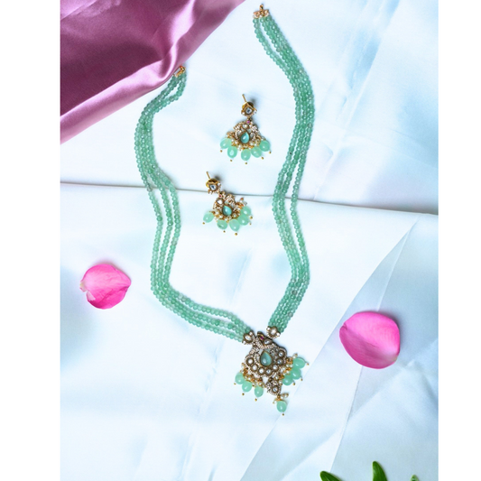 3-Line Mint Green Bead Haram Set with Intricate Victorian Pendant & Earrings