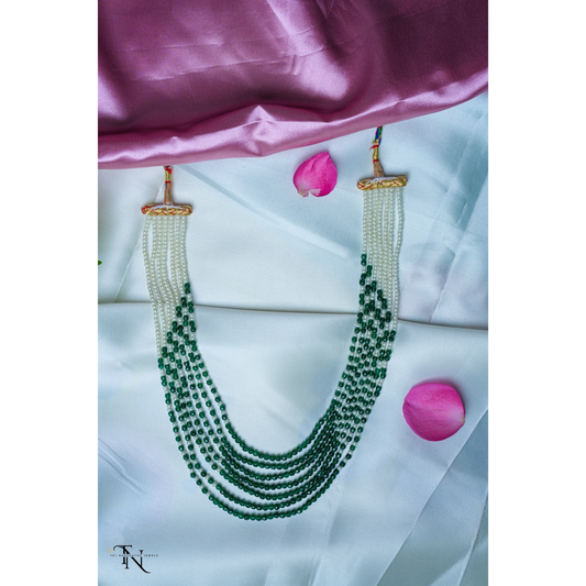 Elegant Green & White Bead Mala Necklace (7 layered)