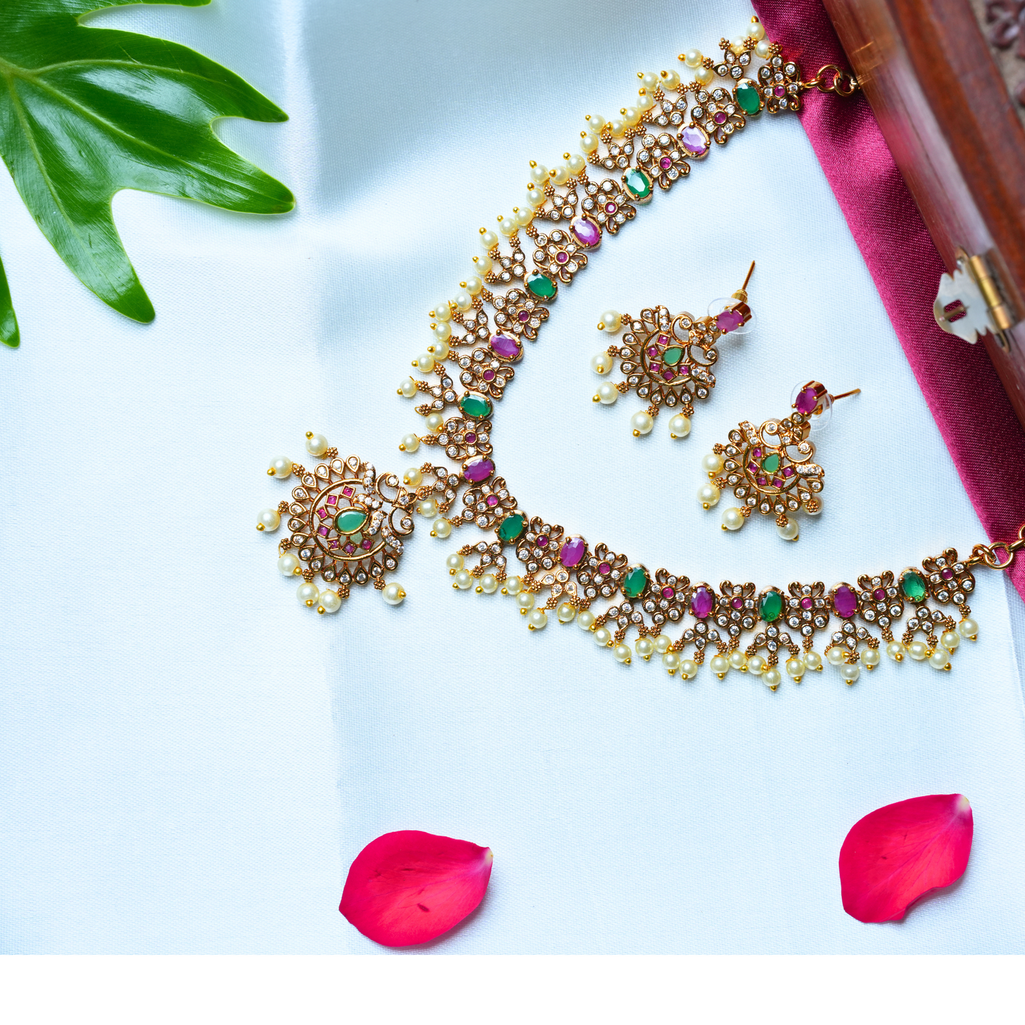 Stunning Gold-Alike Necklace with White Pearls and Colorful Pink & Green Stones