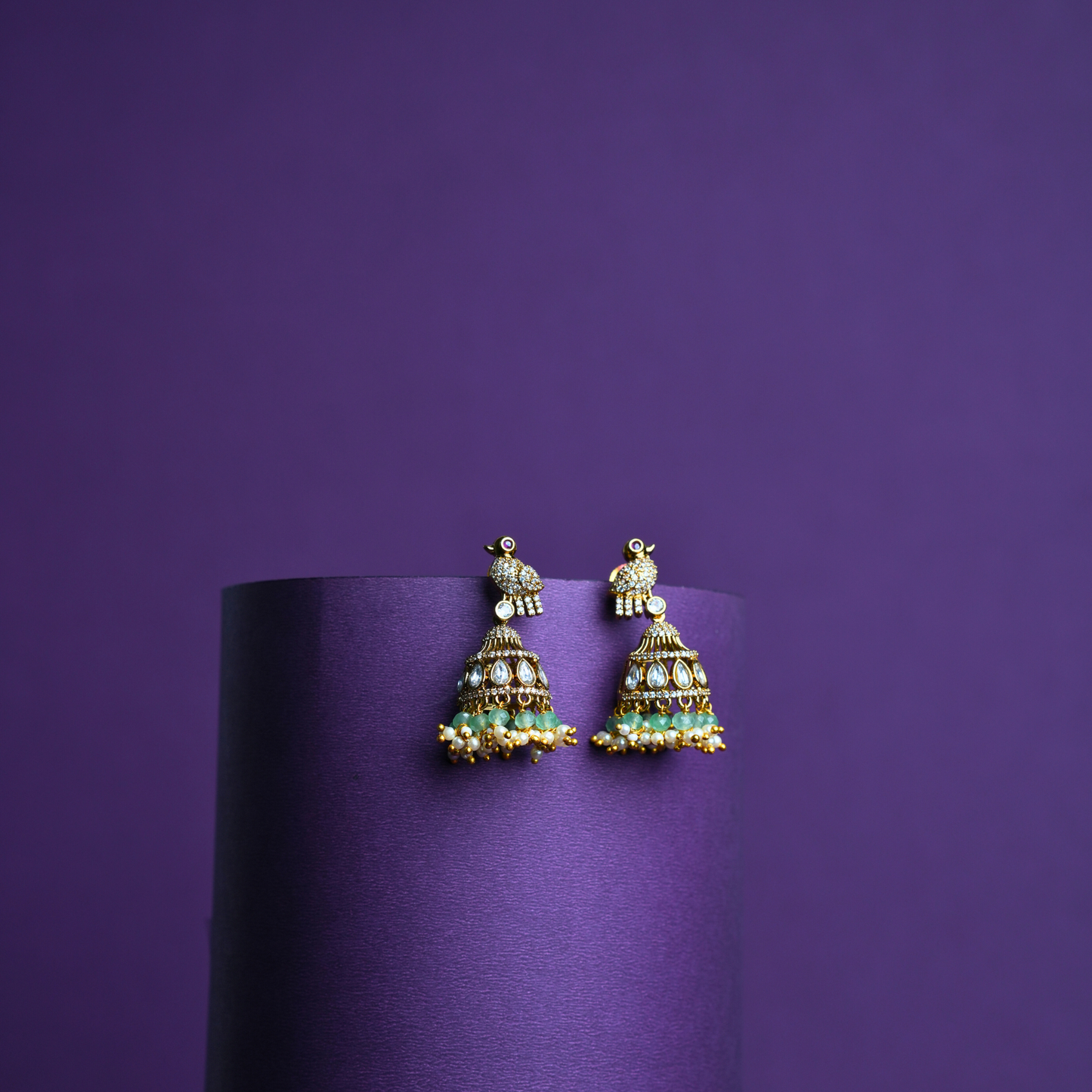 Charming Victorian Peacock Earrings with Green Beads and White Stones