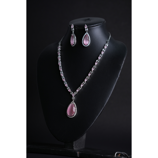 Sleek American Diamond Necklace with Light Pink & White Stone Pendant