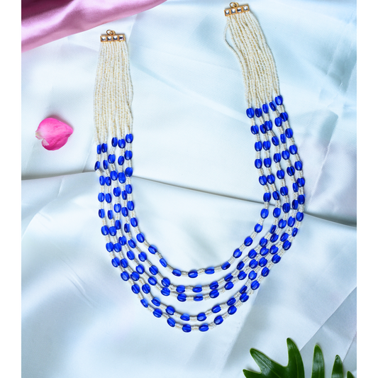 5-Line Pearl and Blue Bead Haram Set – Elegant Vintage-Inspired Necklace