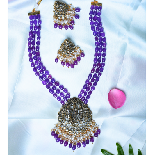 Elegant Ramparivar Purple Bead Haram Set with Victorian Pendant & Earrings