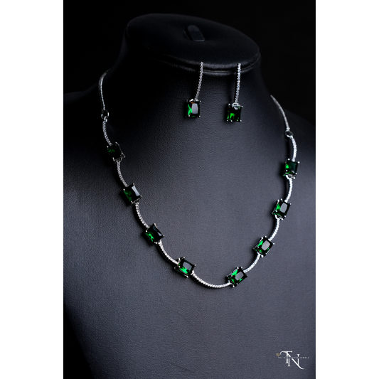 Simple & Sleek American Diamond Necklace with White & Green Stones