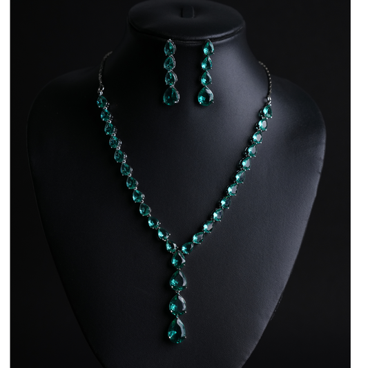 Vibrant Rama Green Stone American Diamond Necklace & Earrings Set