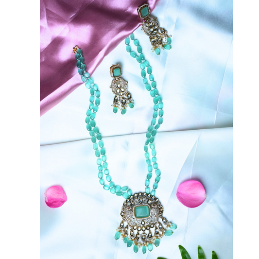 Mint Green Monalisa Bead 2-Line Haram Set with Earrings – Classic Elegance