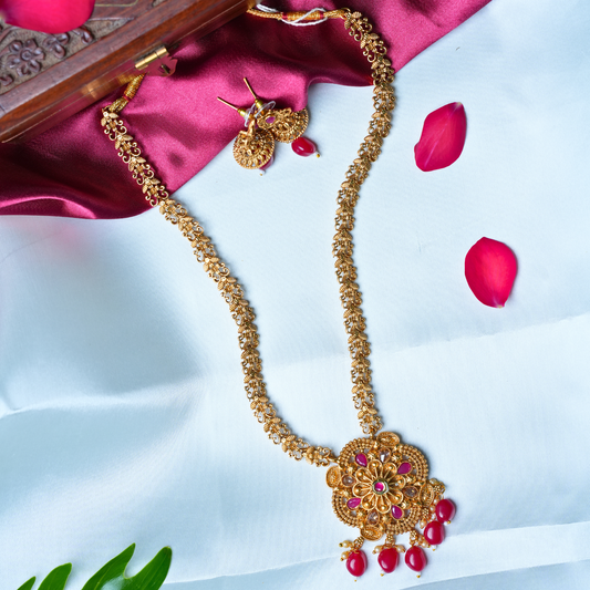 Classic Gold-Alike Long Haram with Rich Red Beads