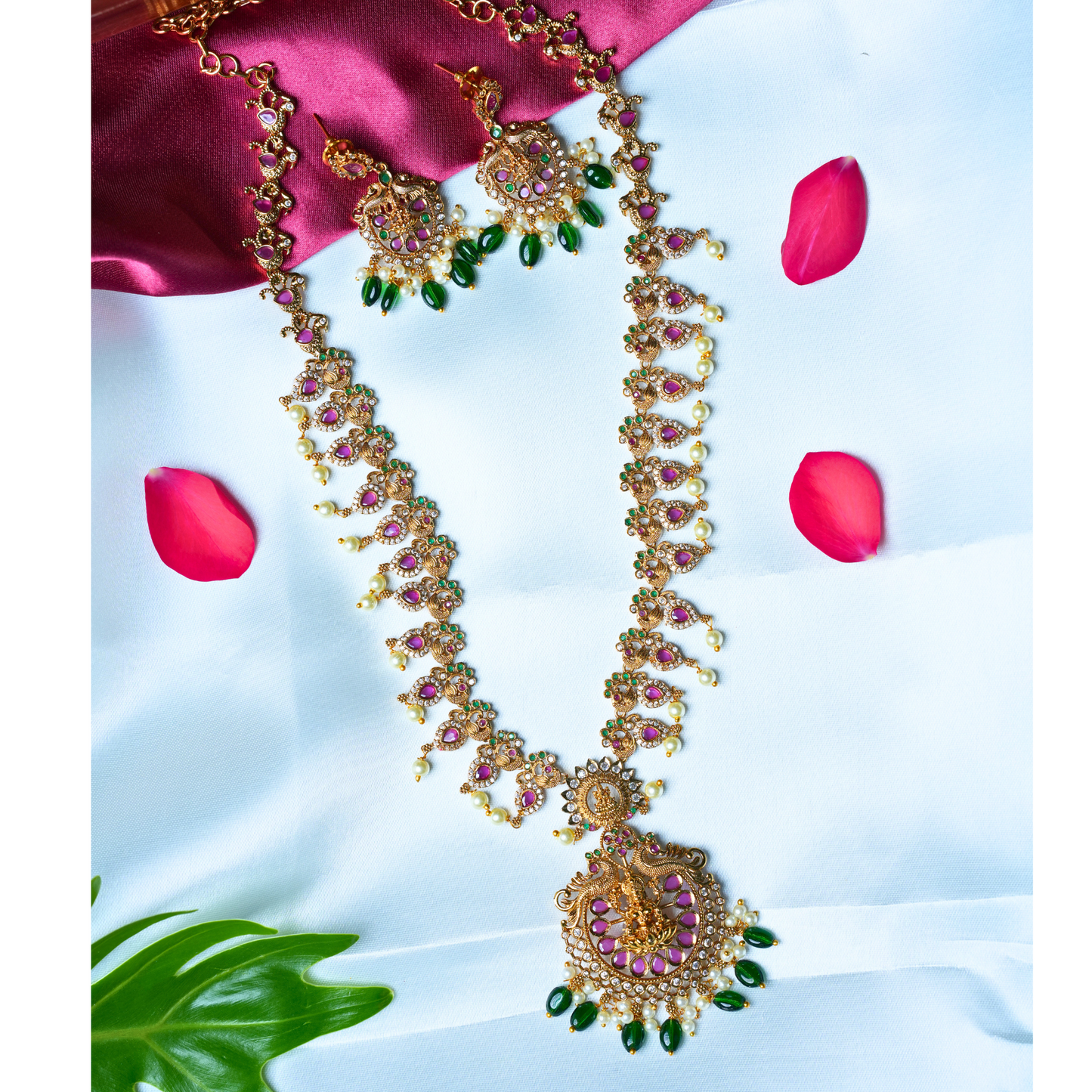 Classic Gold-Alike Long Haram with Green Beads and Pink Accents