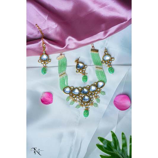 Mint green Bead Necklace Set with Tiani Kundan, Earrings, and Tikka (Reversible Design)