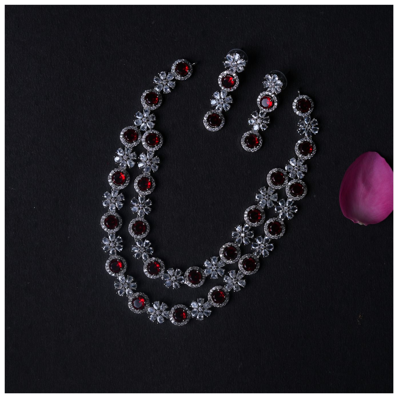 Elegant 2-Line American Diamond Necklace & Earrings Set with Red Stones