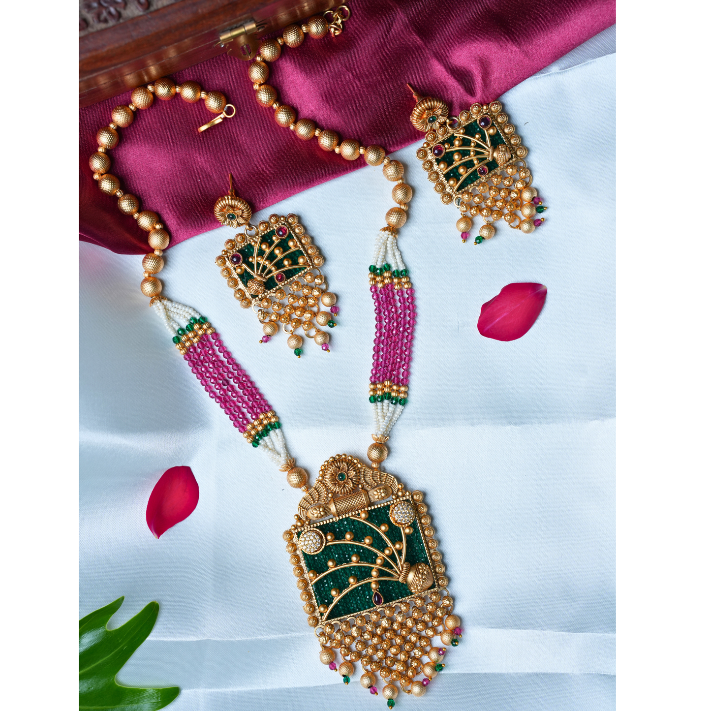 Latest Trendy Gold-Alike Long Haram with Green and Pink Beads