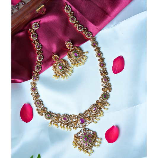 Glamorous Gold-Like Long Haram with White Pearls and Pink-Green Stones