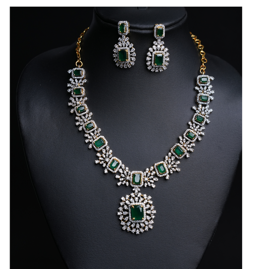 Stunning Green Stone Necklace & Earrings Set with American Diamonds