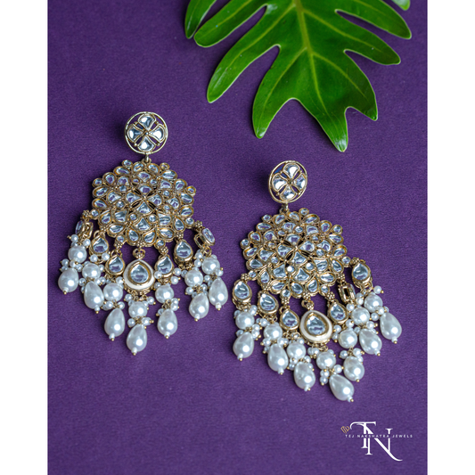 Statement Large White Kundan Earrings