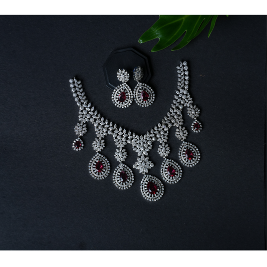 Radiant American Diamond Necklace & Earrings Set with Pink & White Stones