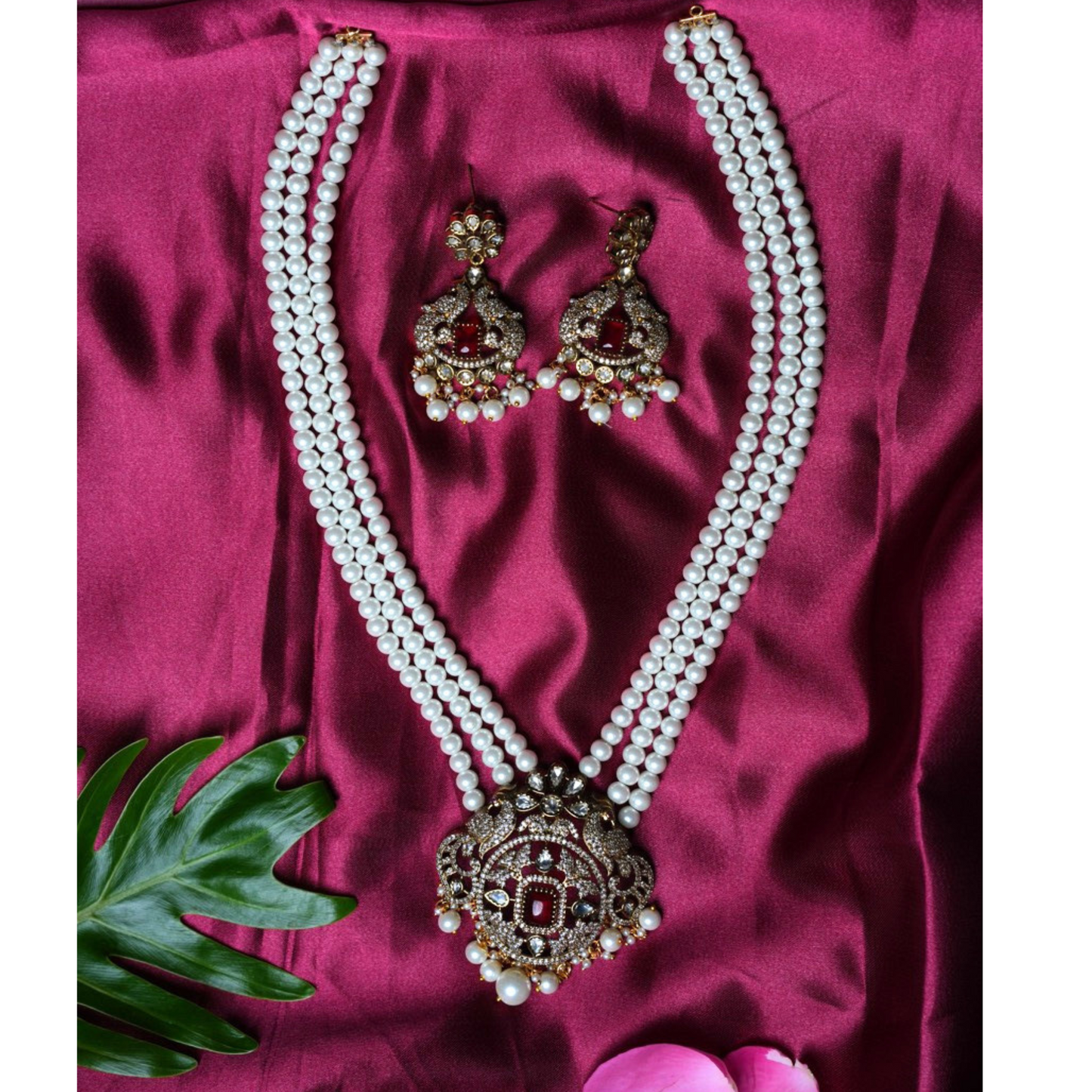 Elegant 3-Line White Pearl Haram Set with Victorian Pendant and Earrings – Vintage-Inspired Jewelry