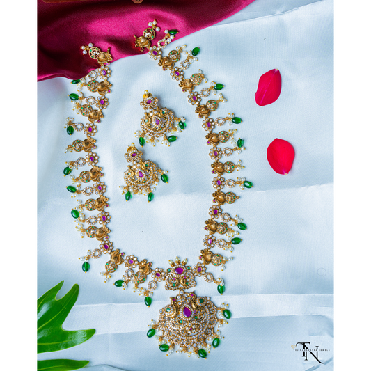 Long Necklace with Pink Stones & Green Monalisa Beads with Matching Earrings