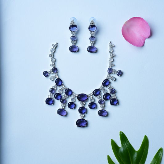 Gorgeous Short Necklace with Blue & Brinjal Gradient Stones